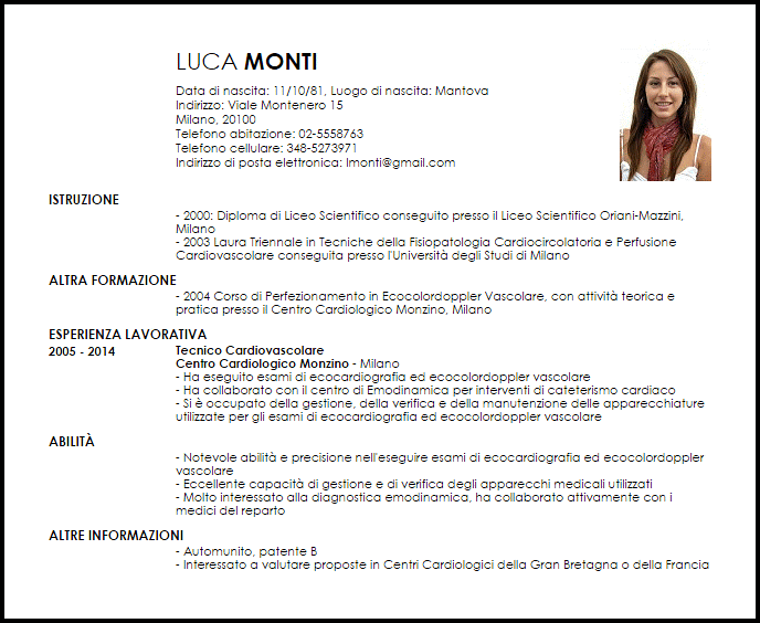 Modello Curriculum Vitae Tecnico Cardiovascolare Livecareer